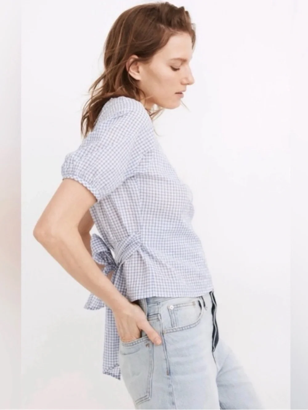 Madewell NWT Lucy Gingham Seersucker Puff-Sleeve Wrap Top Small Blue/ White